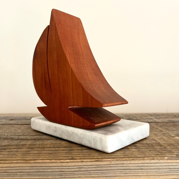 Wooden Sailboat Sculpture on Marble Base bookend - Picture 1 of 5